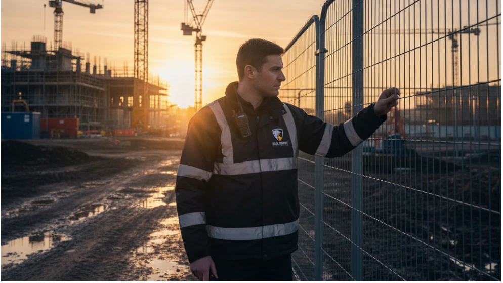 Construction site security guard inspecting tools and fencing