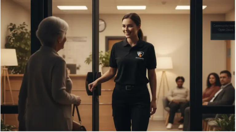 Female security guard standing confidently at a community safe space