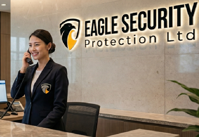 Professional receptionist at front desk