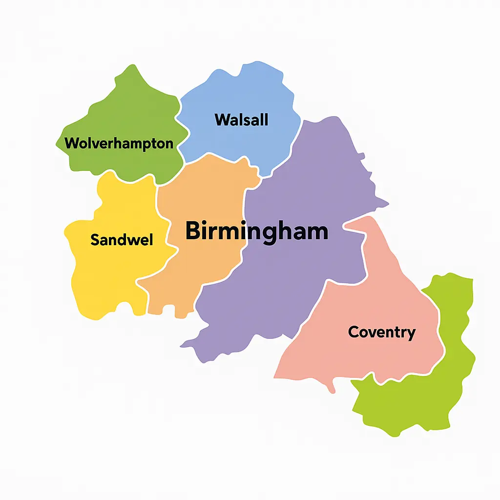 West Midlands coverage map highlighting Birmingham, Sandwell, Walsall, and Coventry
