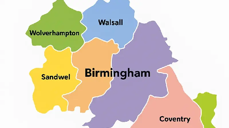 West Midlands coverage map highlighting Birmingham, Sandwell, Walsall, and Coventry
