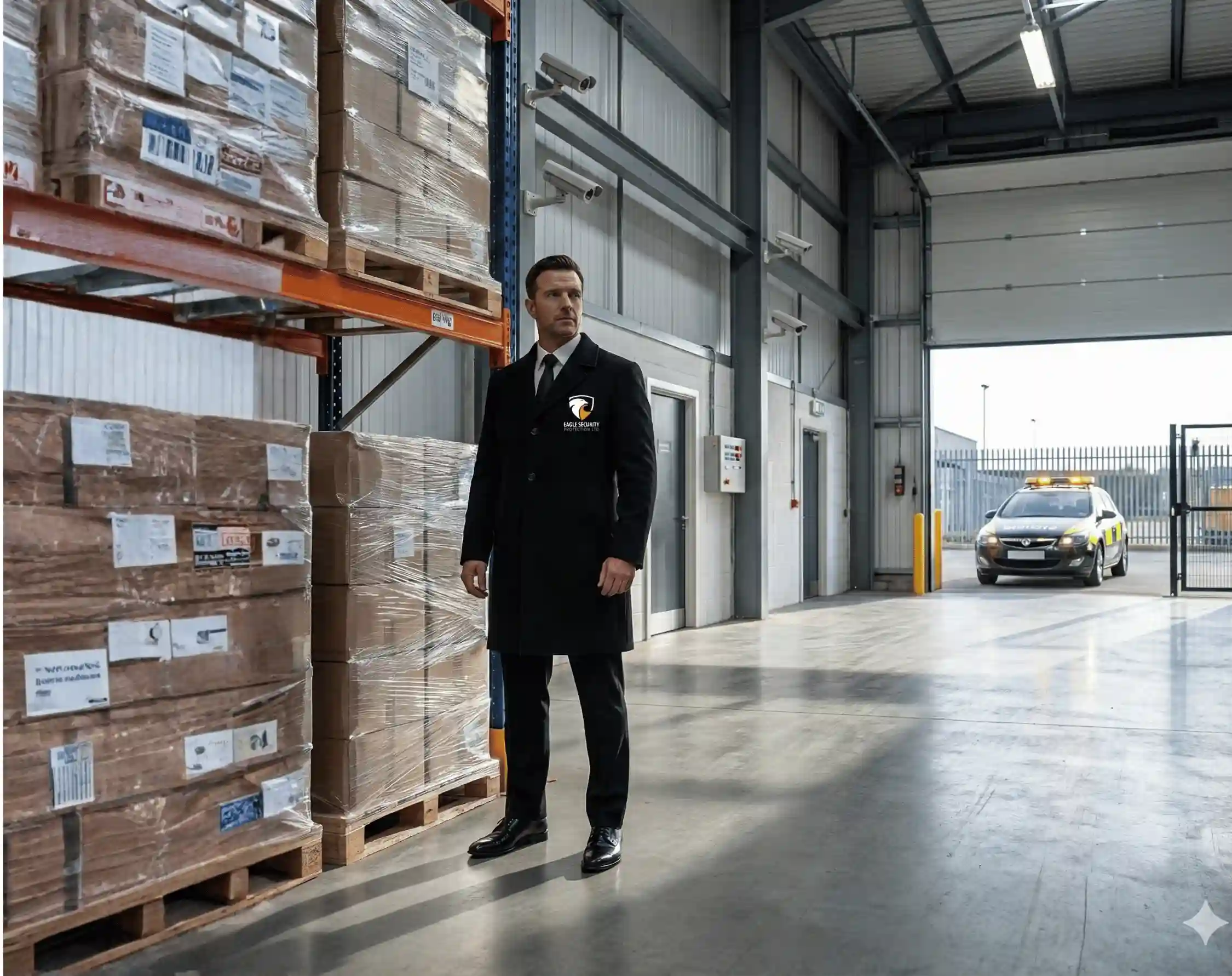 Guard Walking in Warehouse