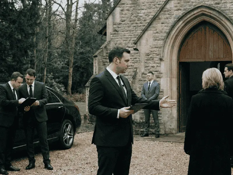 Plain-clothes officer respectfully speaking with a funeral director