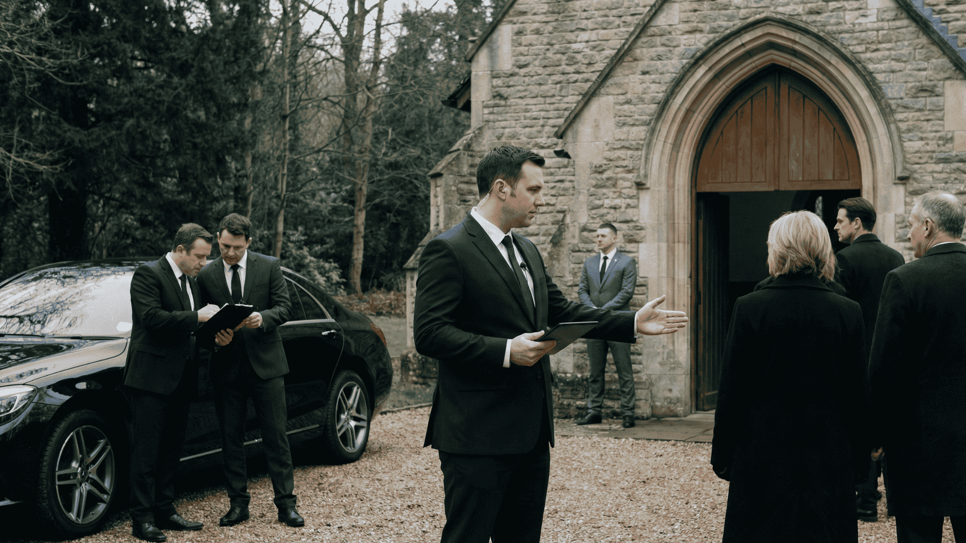 Plain-clothes officer respectfully speaking with a funeral director
