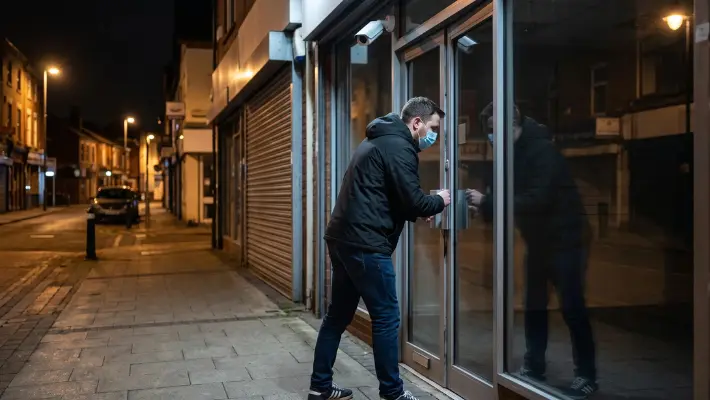 Retail security officer monitoring commercial shopping centre entrance in Birmingham to prevent shoplifting