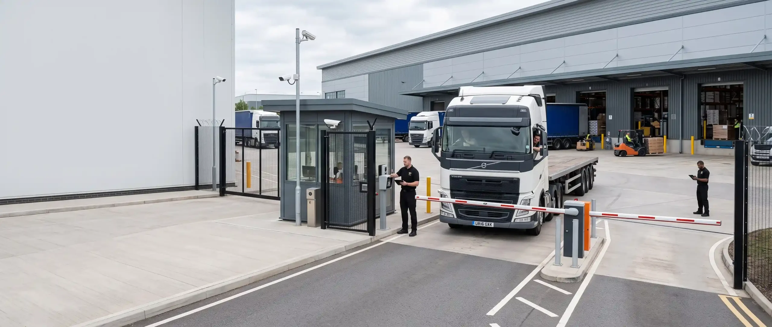 Warehouse security officer managing logistics depot access